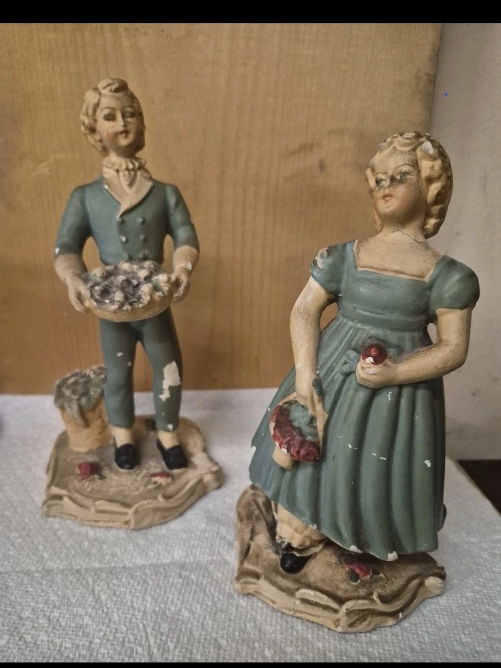Vintage Mid-Century Chalkware Boy & Girl Figurine Pair, Hand Painted Plaster